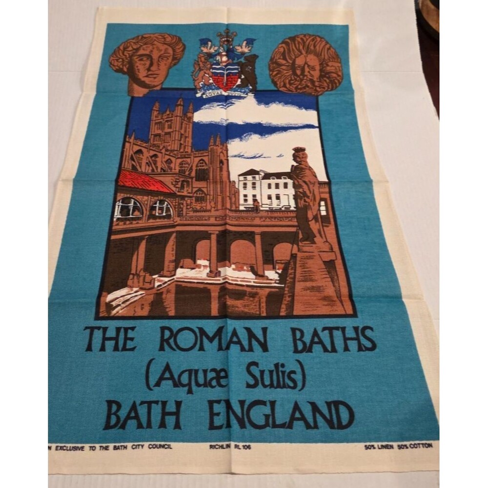 Vintage Roman Baths England Linen Cotton Tea Towel Wall Hanging Bath 19" x 30"